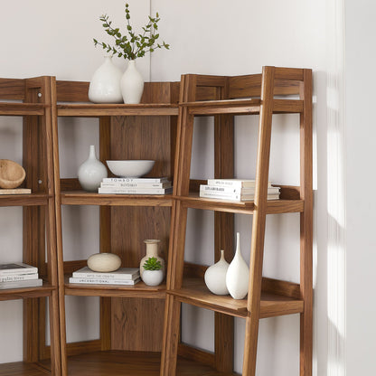 Bixby 3-piece corner bookshelf set with narrow shelves in warm wood, styled with white vases and books on Tampa Home & Garden Store