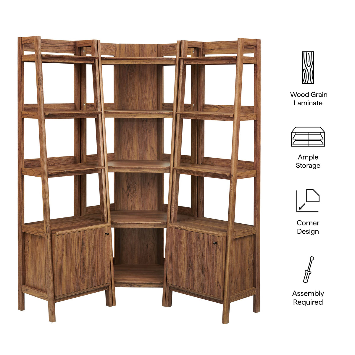 Modway Bixby 3-piece corner bookshelf set with narrow shelves in wood grain laminate on Tampa Home & Garden Store