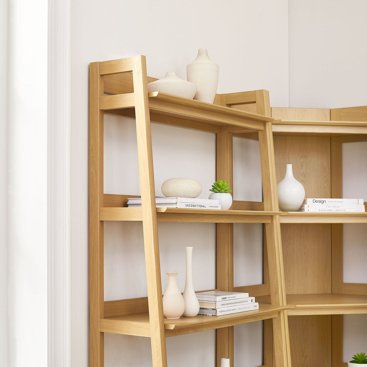 Bixby 3-piece corner bookshelf set in light wood with wide shelves, decor display on Tampa Home & Garden Store