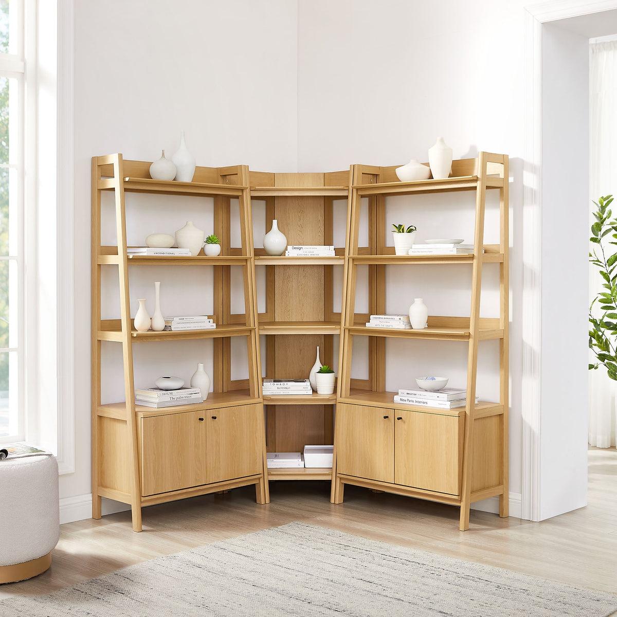 Bixby 3-Piece Corner Bookshelf Set in light wood with wide shelves for display decor on Tampa Home & Garden Store