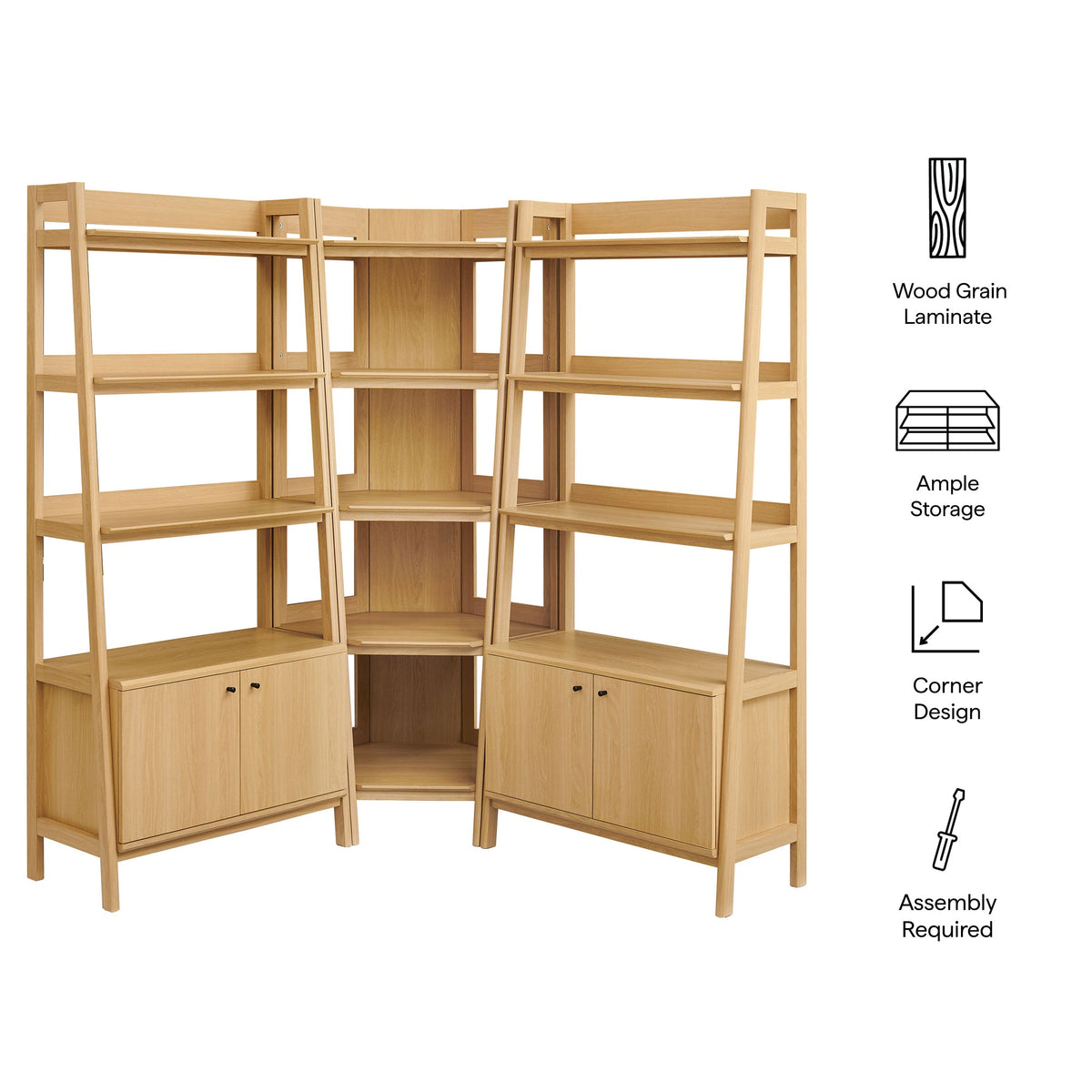 Bixby 3-Piece Corner Bookshelf Set with Wide Bookshelves in light wood grain laminate by Modway on Tampa Home & Garden Store