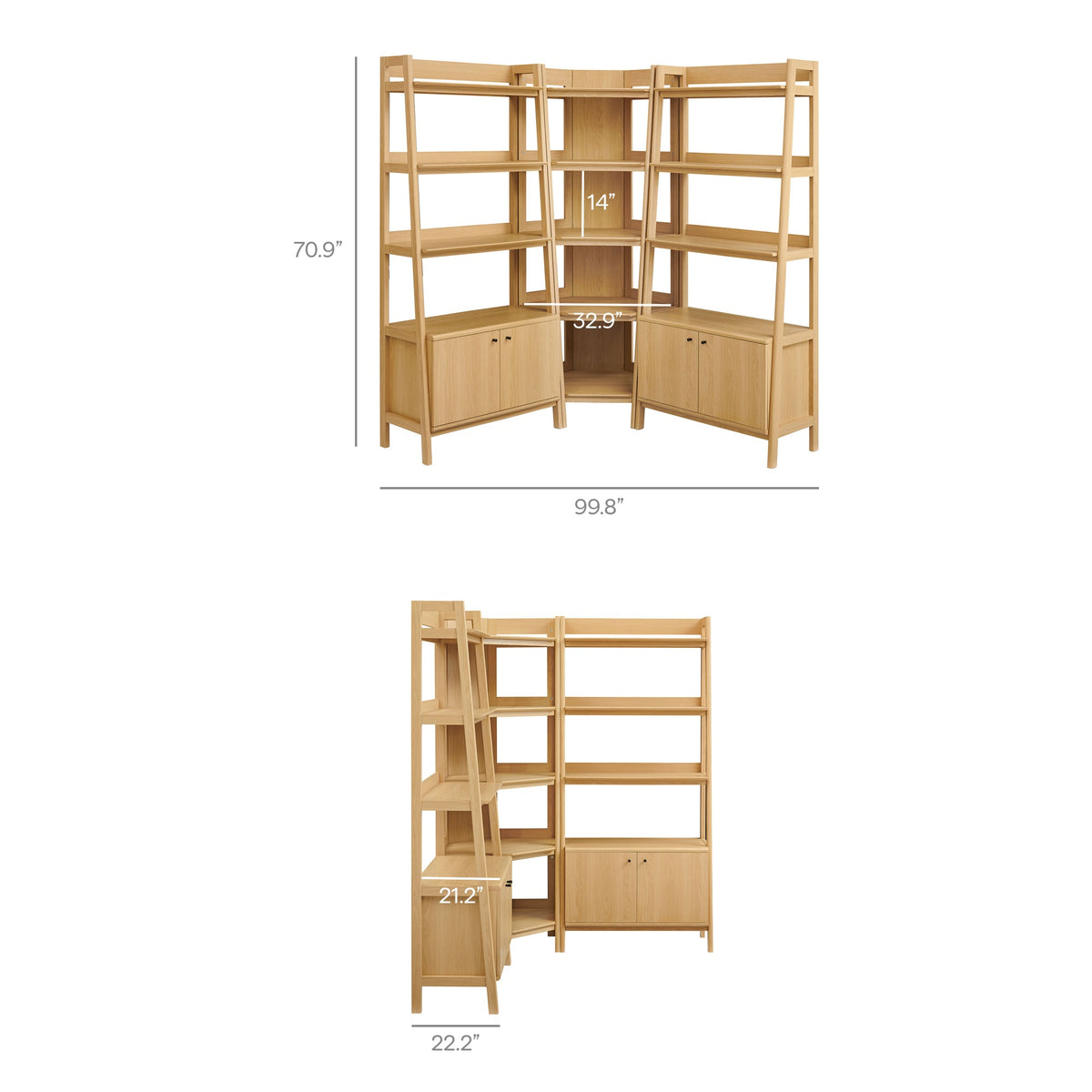 Bixby 3-Piece Corner Bookshelf Set with Wide Shelves in natural wood by HouseOfZazla on Tampa Home & Garden Store