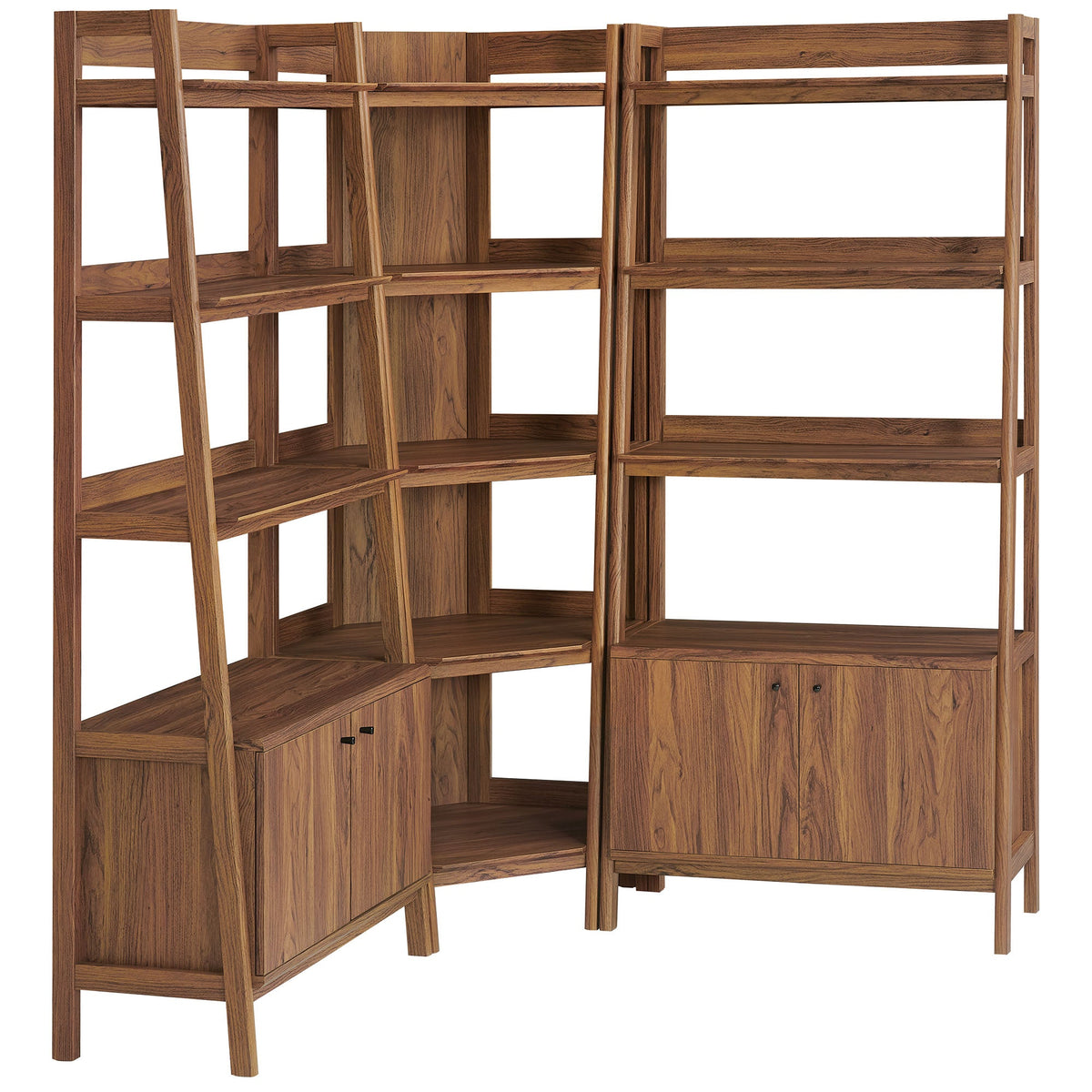 Bixby 3-piece corner bookshelf set with wide shelves in warm wood by Modway on Tampa Home & Garden Store
