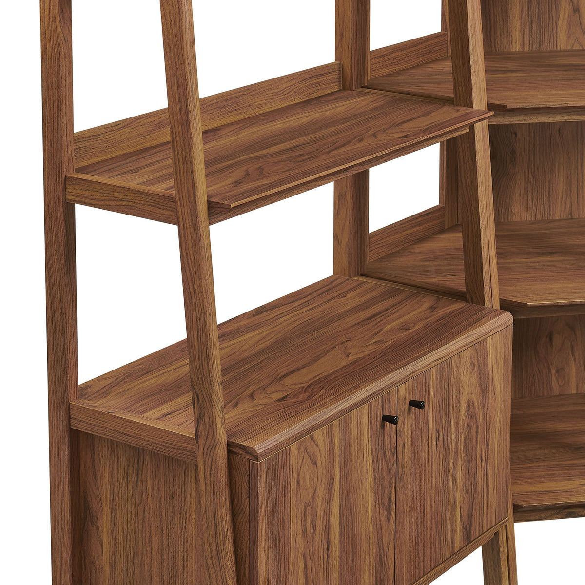 Bixby 3-piece corner bookshelf set in warm walnut wood with wide shelves on Tampa Home & Garden Store
