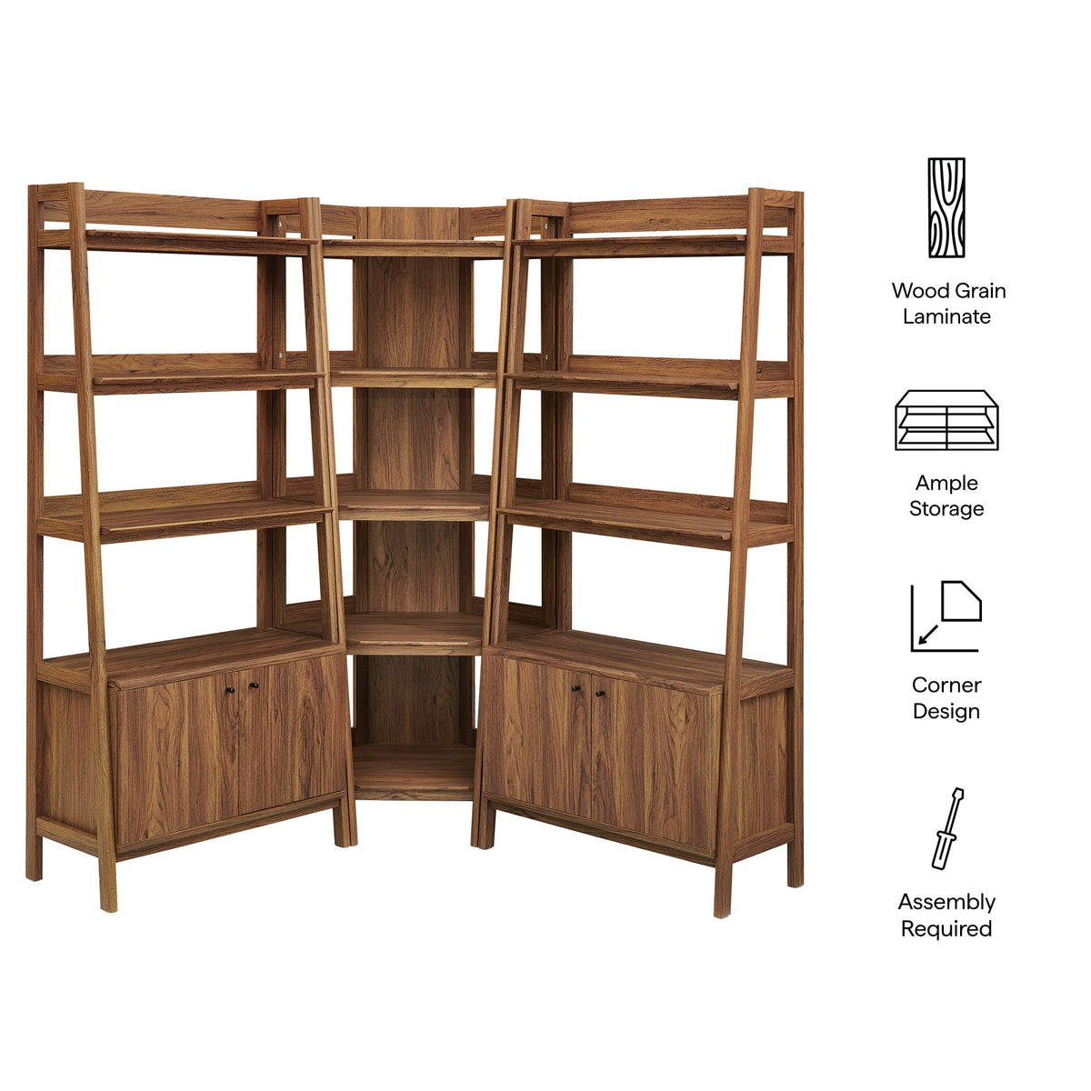 Bixby 3-Piece Corner Bookshelf Set with Wide Shelves in wood grain laminate for corner decor on Tampa Home & Garden Store