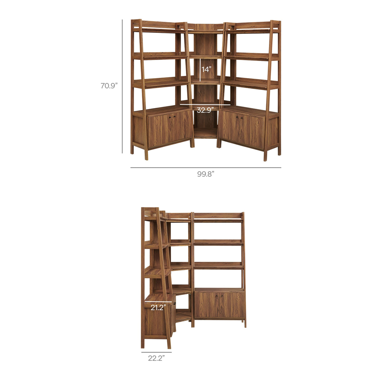 Bixby 3-Piece Corner Bookshelf Set with wide oak shelves and cabinet bases on Tampa Home & Garden Store