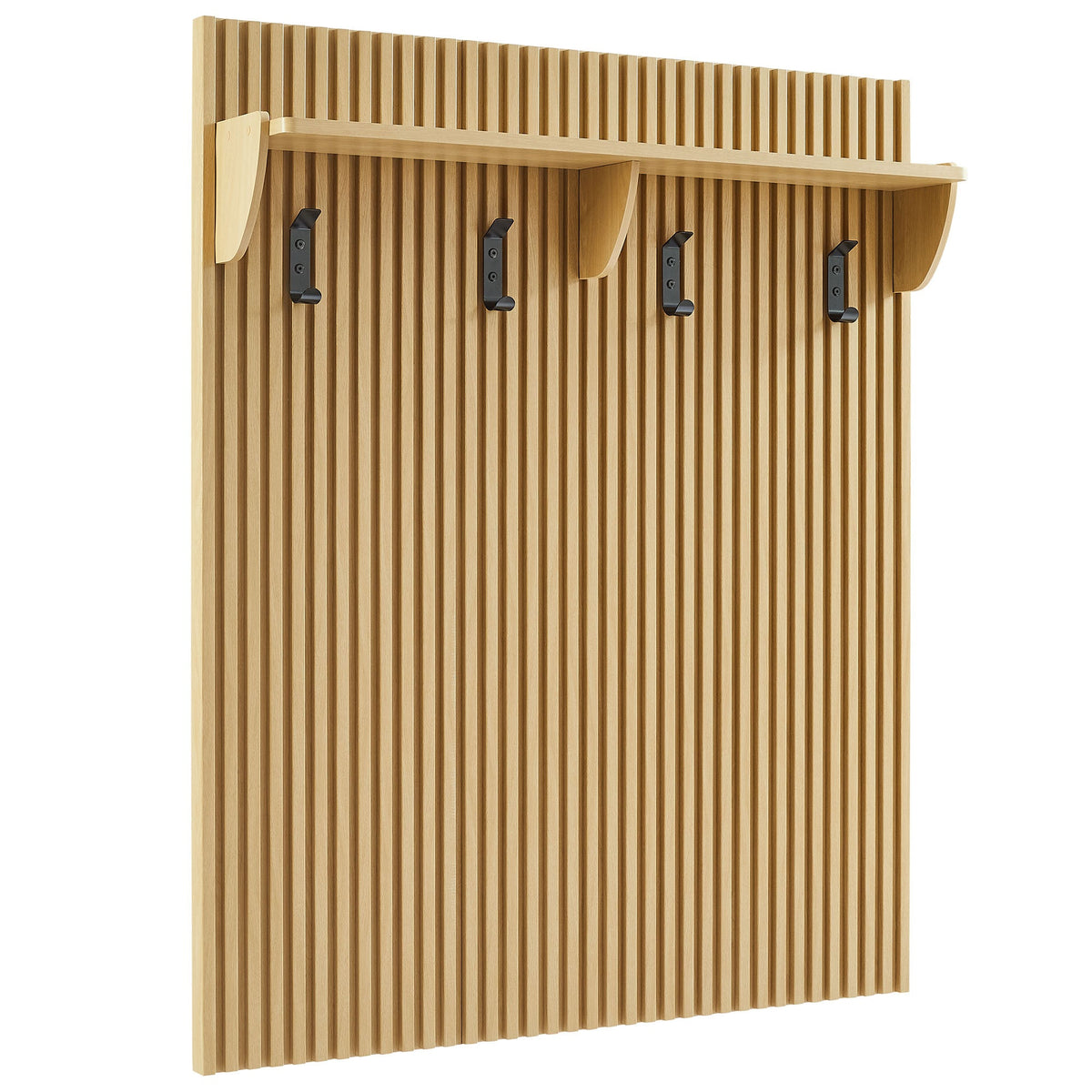 Fluted coat rack panel with shelf in natural wood, wall-mounted, five black hooks on Tampa Home & Garden Store
