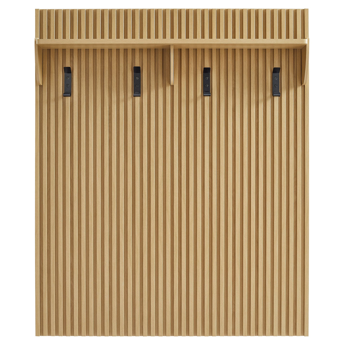 Render Fluted Coat Rack Panel With Shelf in natural wood with four black metal hooks on Tampa Home & Garden Store