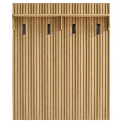 Render Fluted Coat Rack Panel With Shelf in natural wood with four black metal hooks on Tampa Home & Garden Store