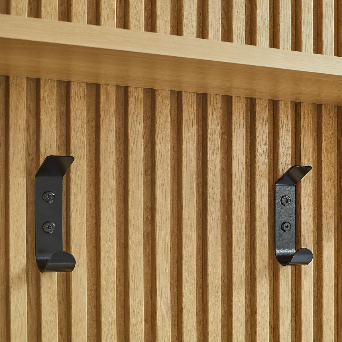 Render Fluted Coat Rack Panel by Modway, wood slat wall with shelf and two black hooks on Tampa Home & Garden Store