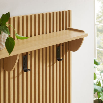 Render Fluted Coat Rack Panel With Shelf by Modway in natural wood with black metal hooks on Tampa Home & Garden Store