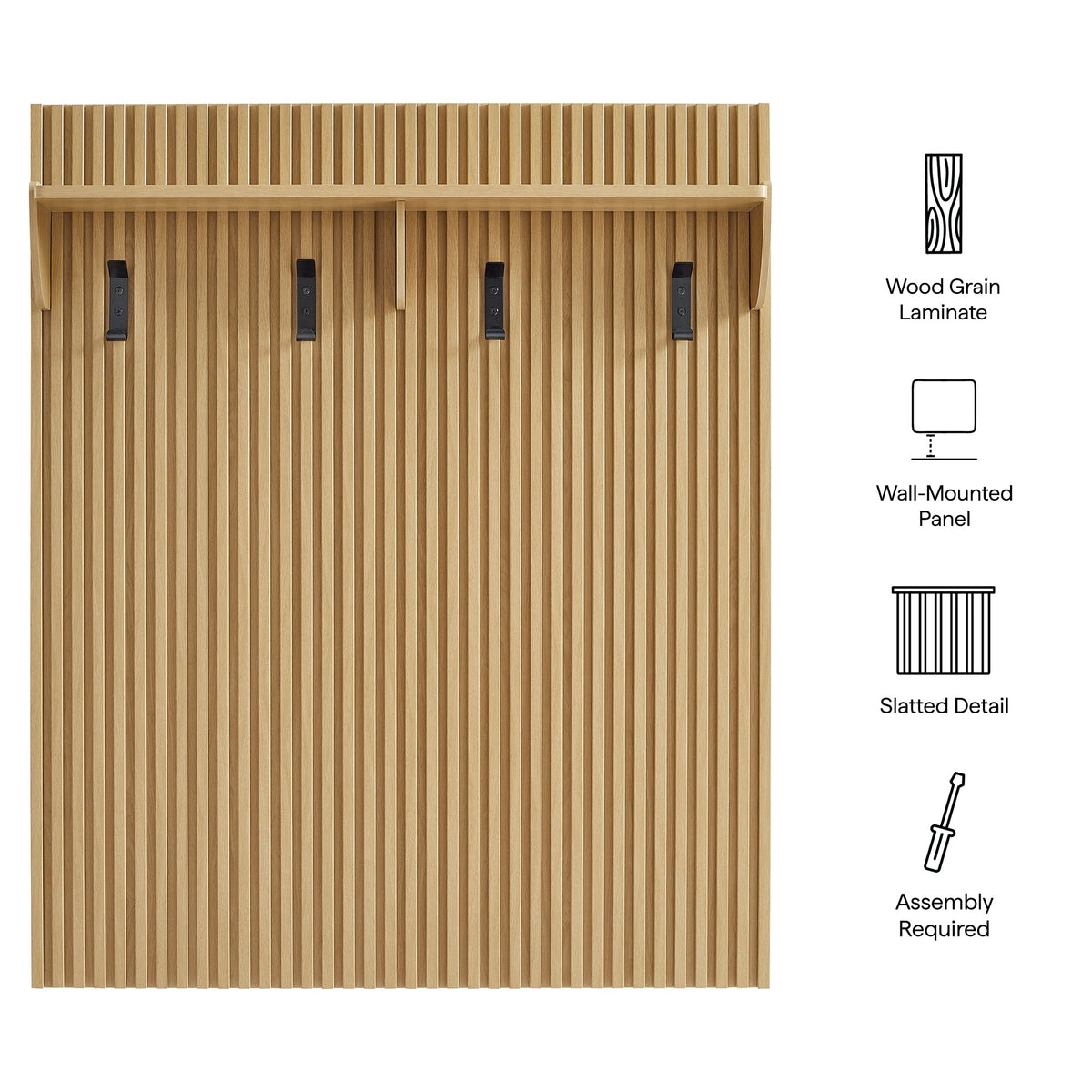 Render Fluted Coat Rack Panel with Shelf in warm wood grain laminate, wall-mounted decor with black hooks on Tampa Home & Garden Store