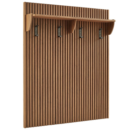 Render Fluted Coat Rack Panel with Shelf by Modway, natural wood slat panel, four black hooks on Tampa Home & Garden Store