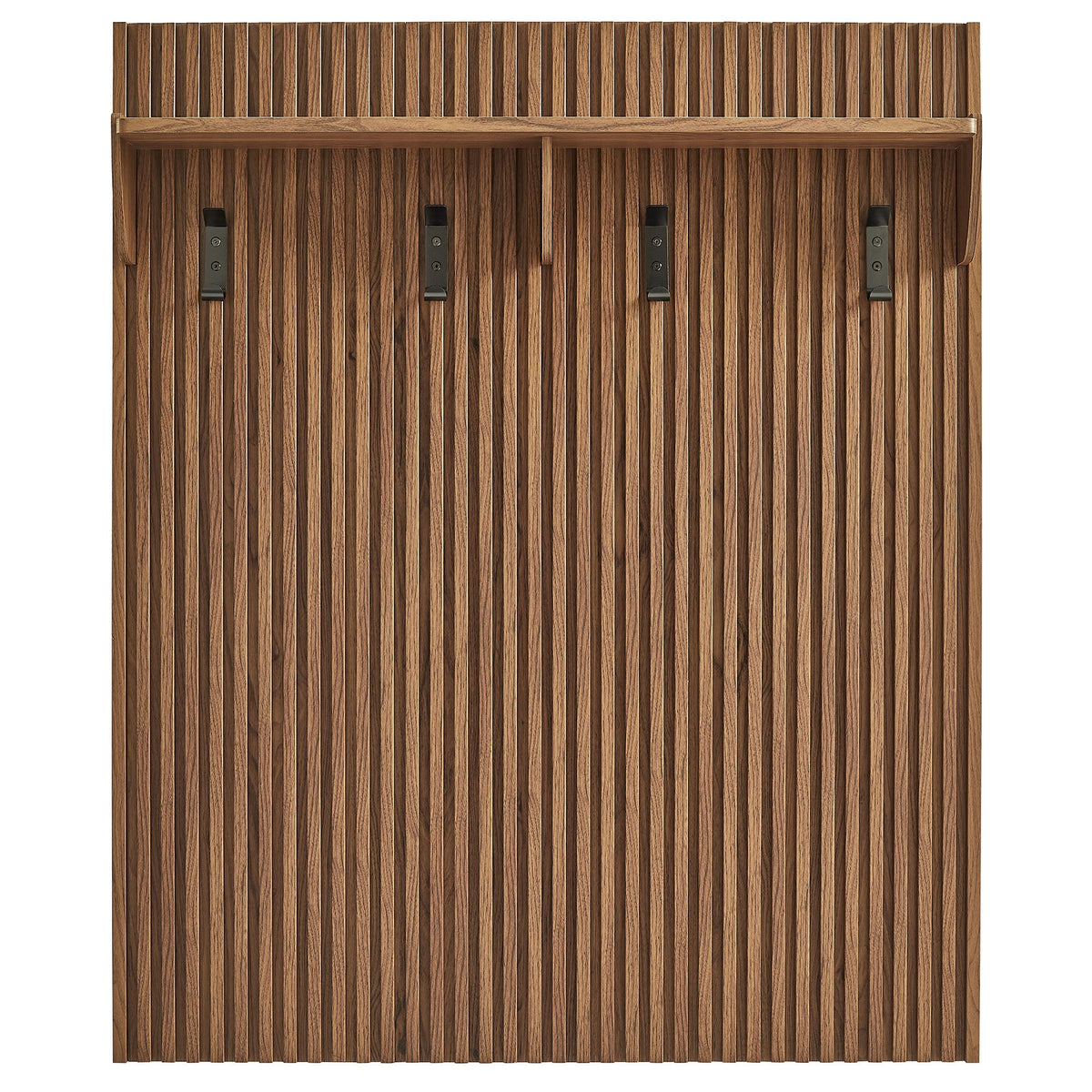 Coat rack panel with shelf in walnut wood, vertical fluted slats, four black hooks by Modway on Tampa Home & Garden Store