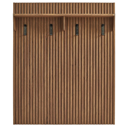 Coat rack panel with shelf in walnut wood, vertical fluted slats, four black hooks by Modway on Tampa Home & Garden Store