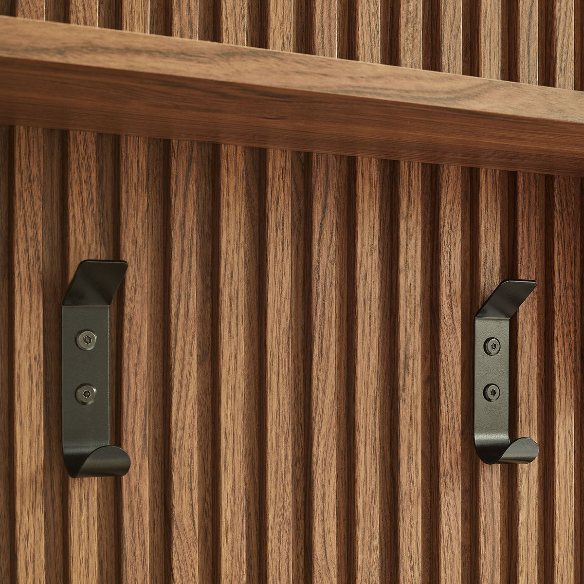 Render Fluted Coat Rack Panel With Shelf dark wood finish metal hooks decor on Tampa Home & Garden Store