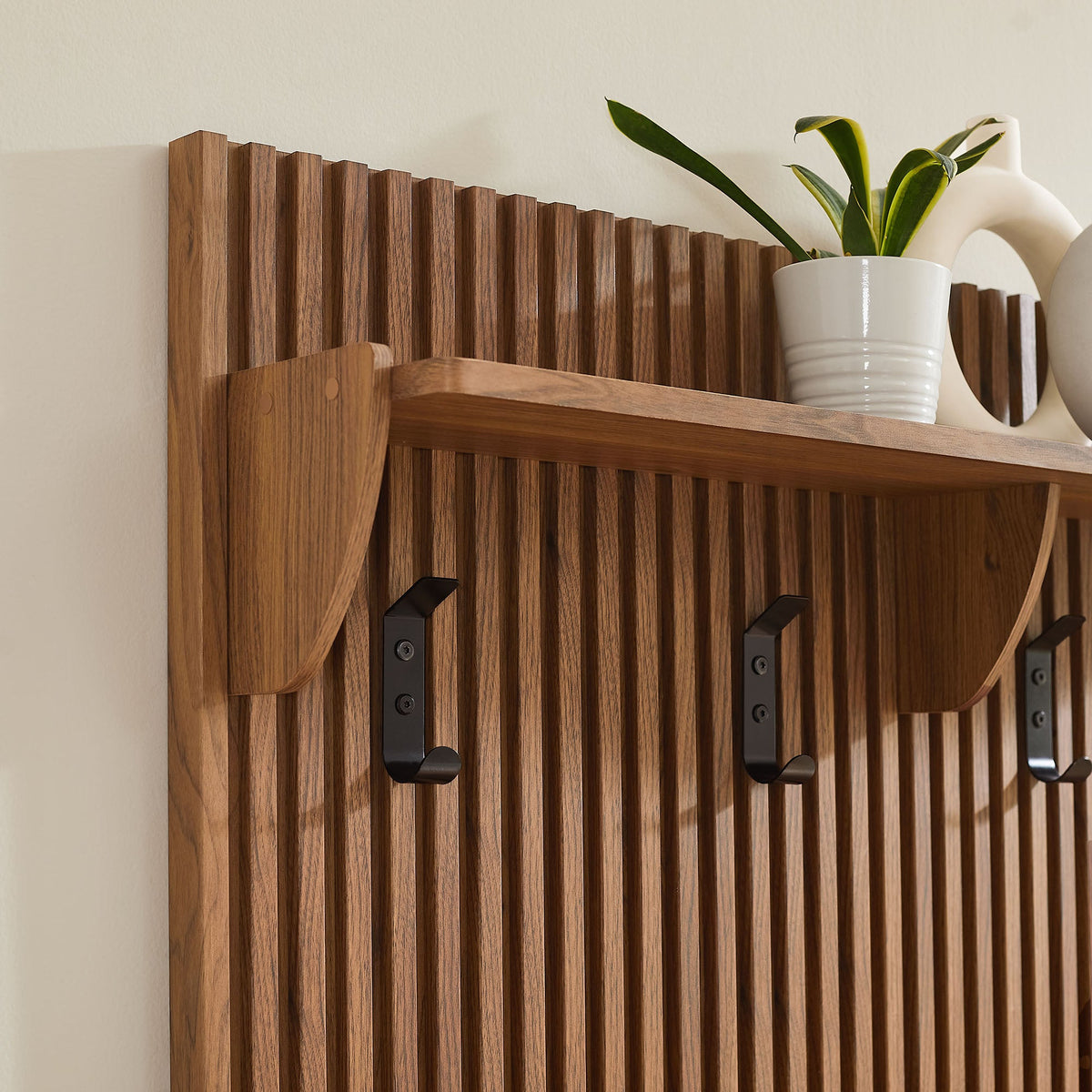 Render Fluted Coat Rack Panel With Shelf by Modway, walnut panel with black metal hooks on Tampa Home & Garden Store