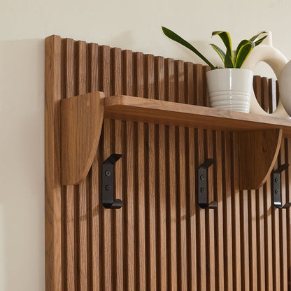 Render Fluted Coat Rack Panel With Shelf by Modway, walnut panel with black metal hooks on Tampa Home & Garden Store