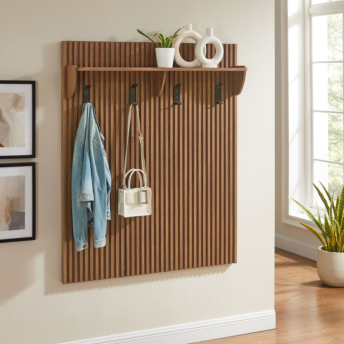 Modway Render Fluted Coat Rack Panel with Shelf, walnut wood, four black hooks, plant decor on Tampa Home & Garden Store