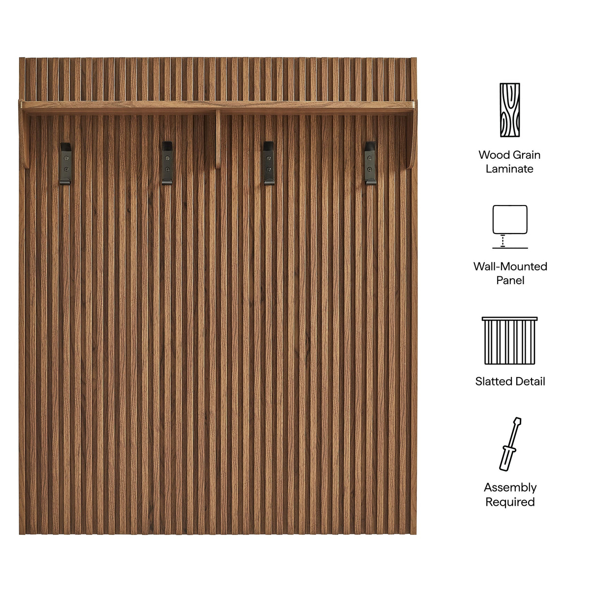 Render Fluted Coat Rack Panel With Shelf by Modway, wood grain laminate wall-mounted decor with four black hooks on Tampa Home & Garden Store