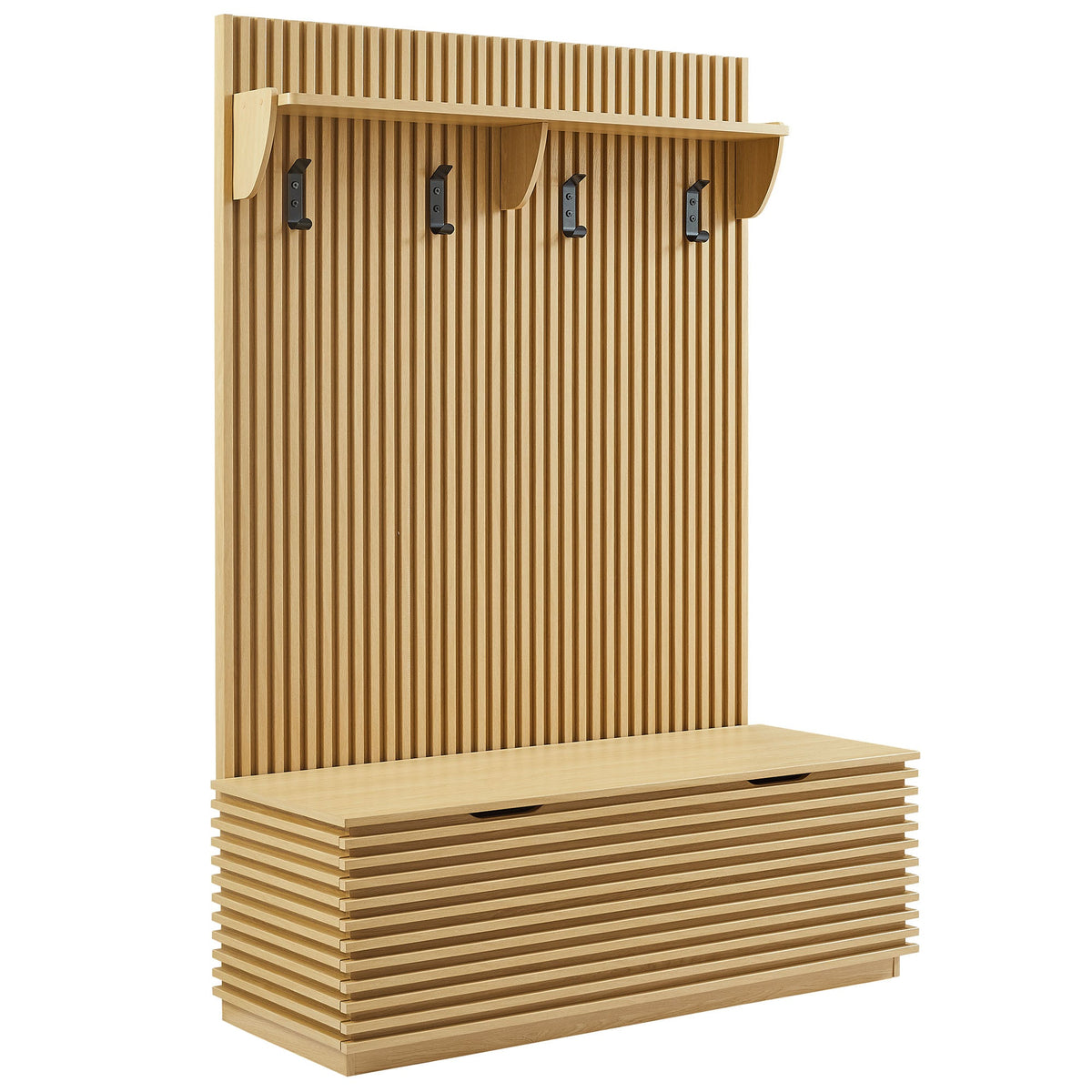 Render Fluted 3-in-1 Hall Tree with Storage Bench and Coat Rack in natural wood on Tampa Home & Garden Store