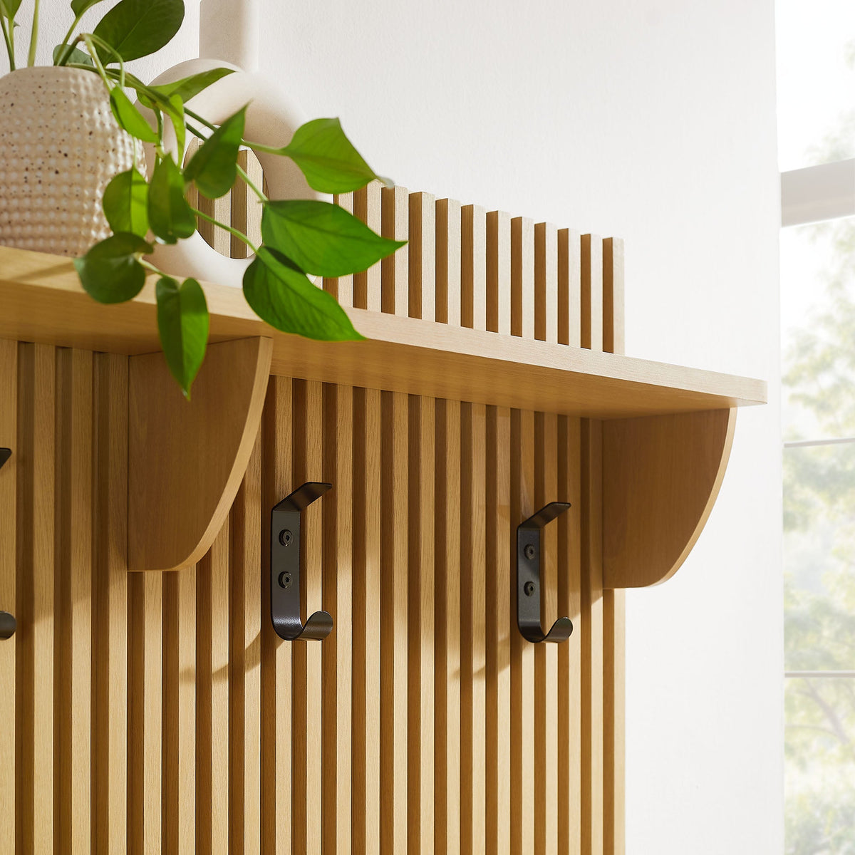 Render Fluted 3-in-1 Hall Tree with Storage Bench and Coat Rack, natural wood slats on Tampa Home & Garden Store