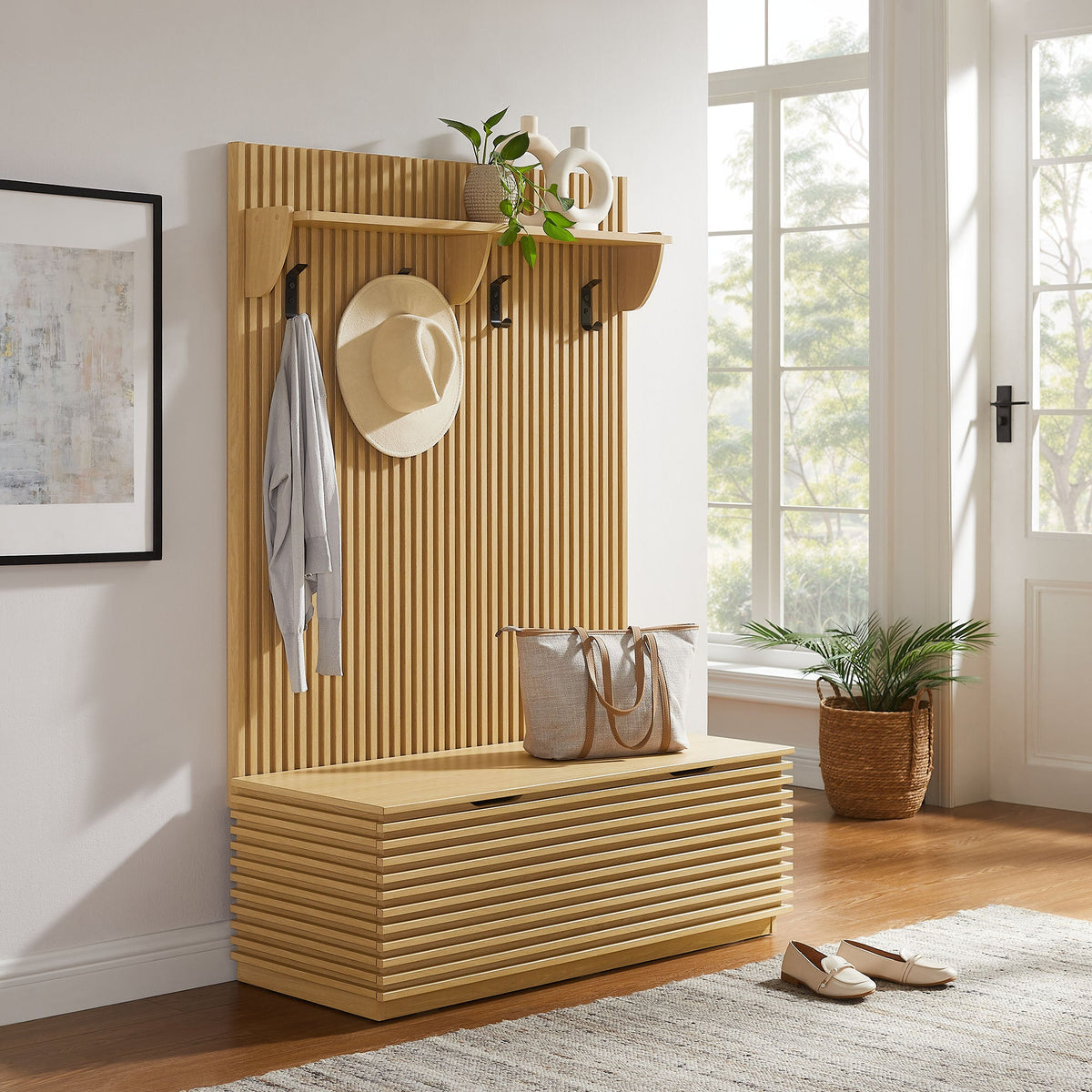 Render Fluted 3-in-1 Hall Tree with storage bench and coat rack in natural wood on Tampa Home & Garden Store