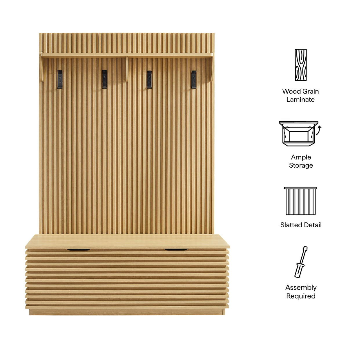 Render Fluted 3-in-1 Hall Tree with storage bench and coat rack in light wood laminate on Tampa Home & Garden Store