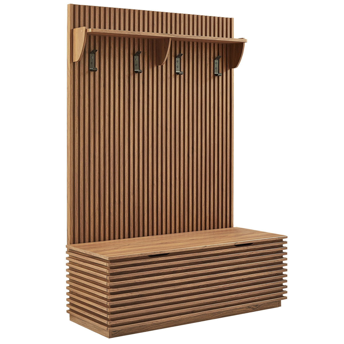 Render Fluted 3-in-1 Hall Tree with bench and coat rack in warm wood, 4 black hooks on Tampa Home & Garden Store