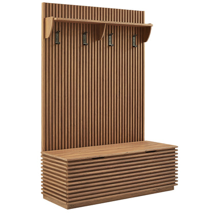 Render Fluted 3-in-1 Hall Tree with bench and coat rack in warm wood, 4 black hooks on Tampa Home & Garden Store