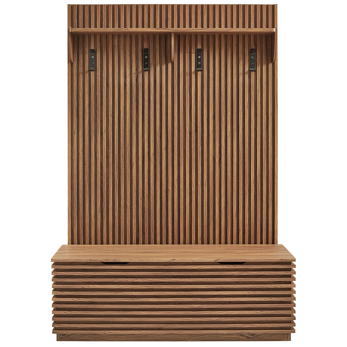 Render Fluted 3-in-1 Hall Tree with Storage Bench and Coat Rack in walnut finish on Tampa Home & Garden Store