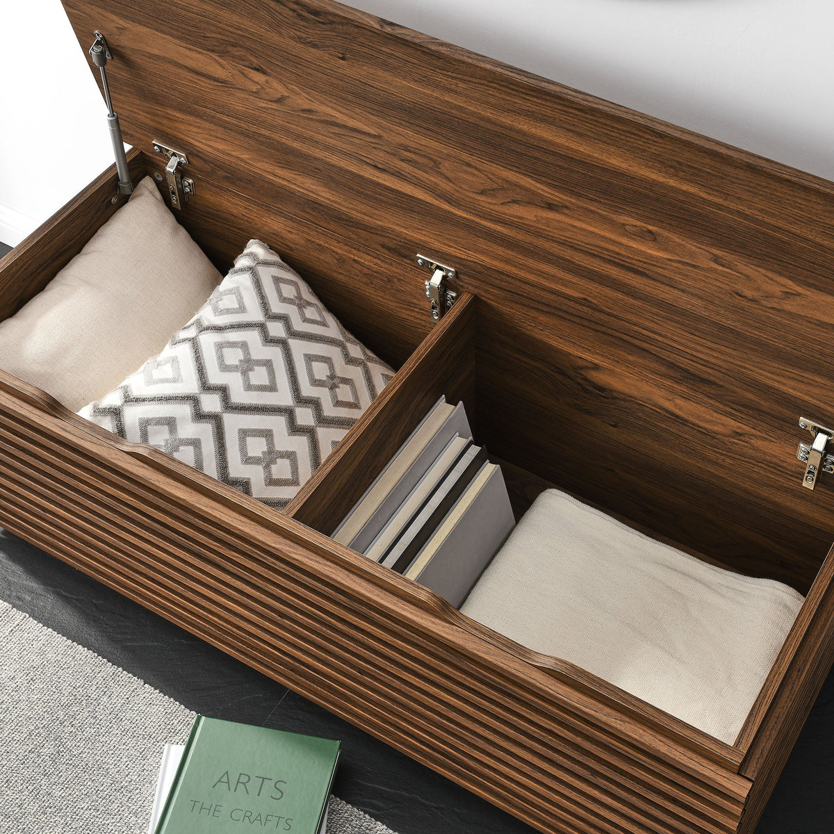 Render Fluted 3-in-1 hall tree storage bench with lid open, beige cushions on Tampa Home & Garden Store