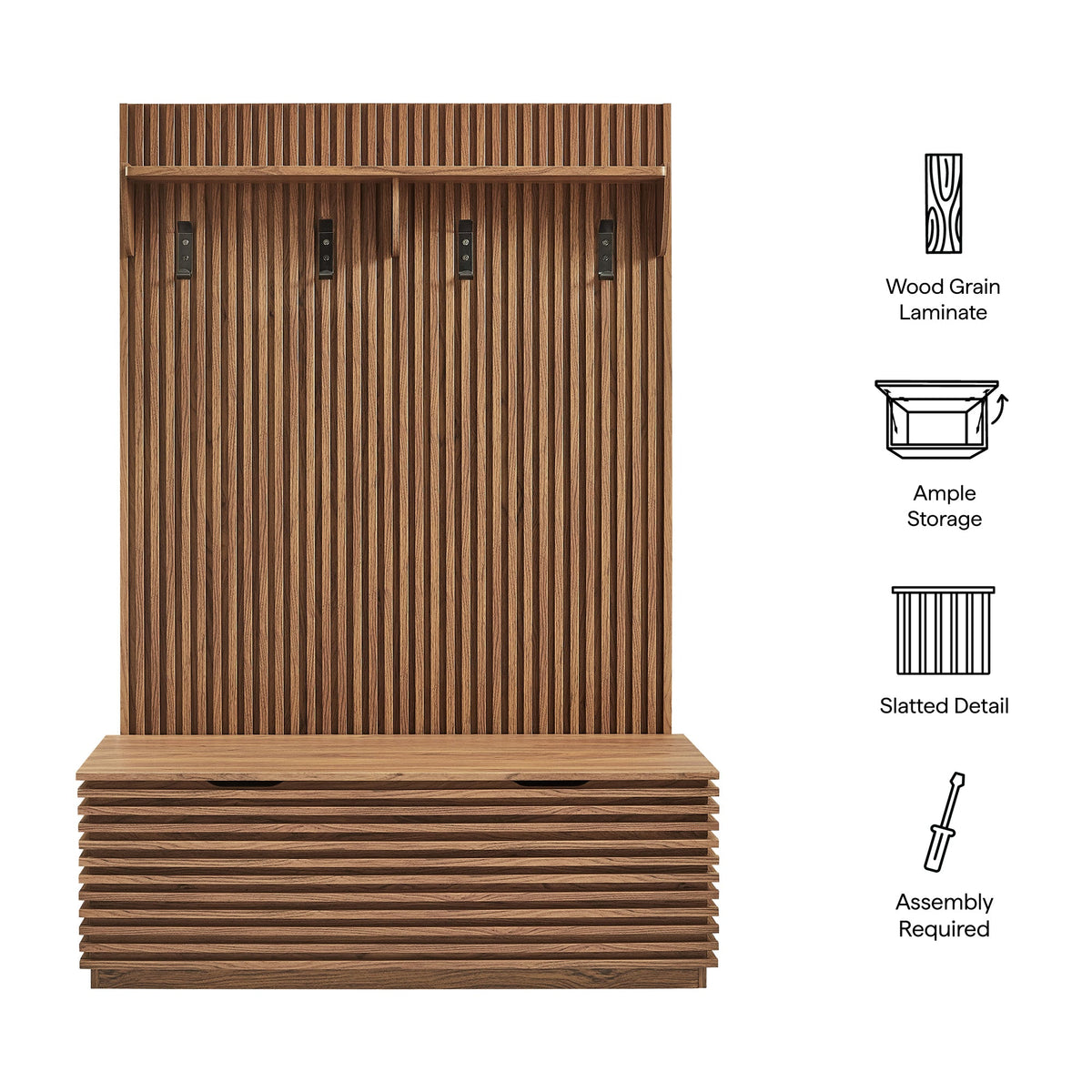 Render Fluted 3-in-1 Hall Tree with Storage Bench and Coat Rack in wood grain laminate on Tampa Home & Garden Store