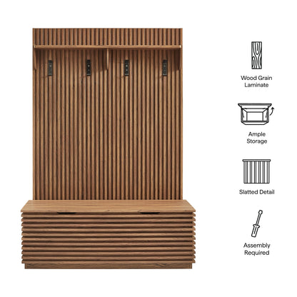 Render Fluted 3-in-1 Hall Tree with Storage Bench and Coat Rack in wood grain laminate on Tampa Home & Garden Store