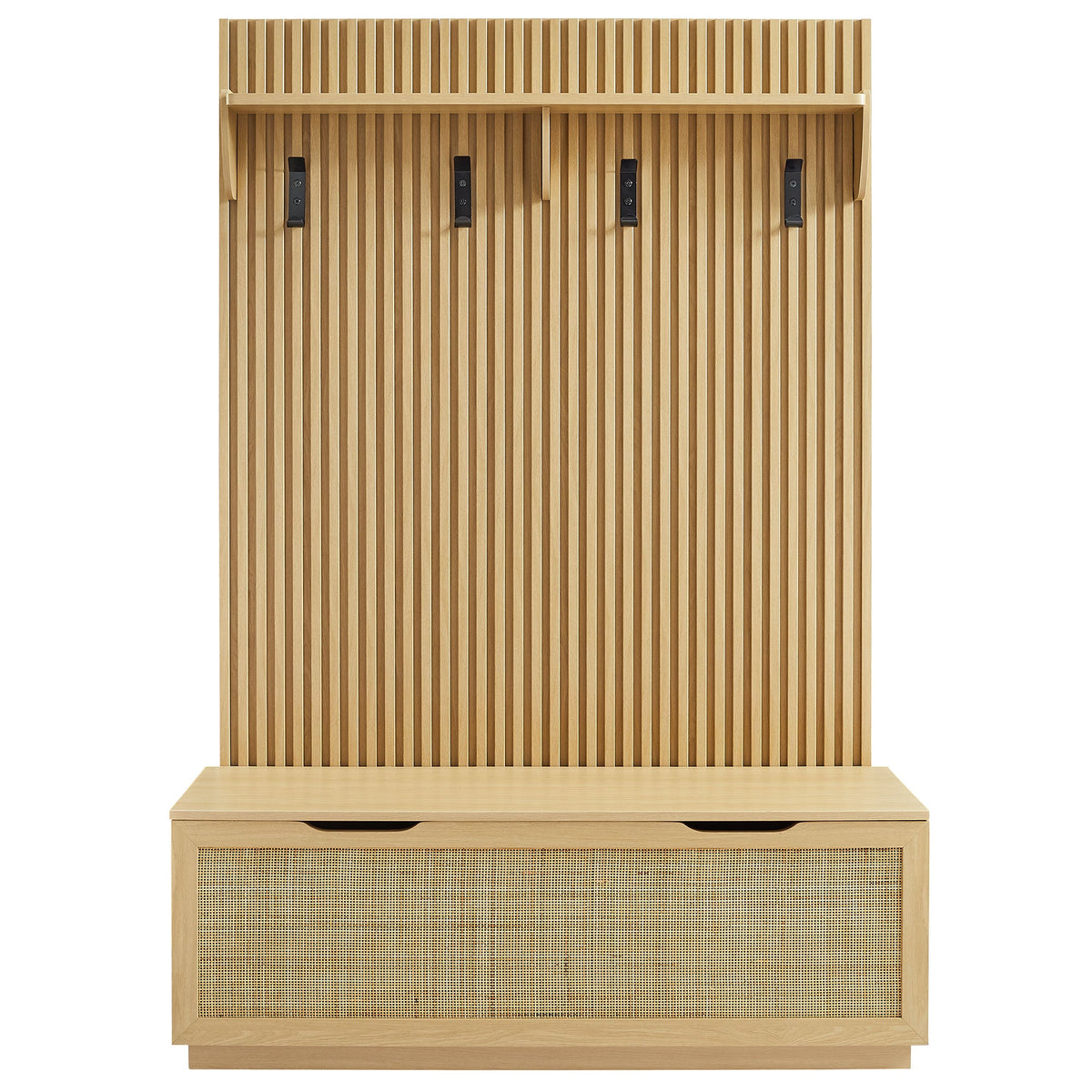 Soma Fluted 3-in-1 Hall Tree with Storage Bench and Coat Rack in natural wood, 4 black hooks on Tampa Home & Garden Store