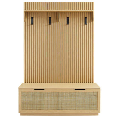 Soma Fluted 3-in-1 Hall Tree with Storage Bench and Coat Rack in natural wood, 4 black hooks on Tampa Home & Garden Store