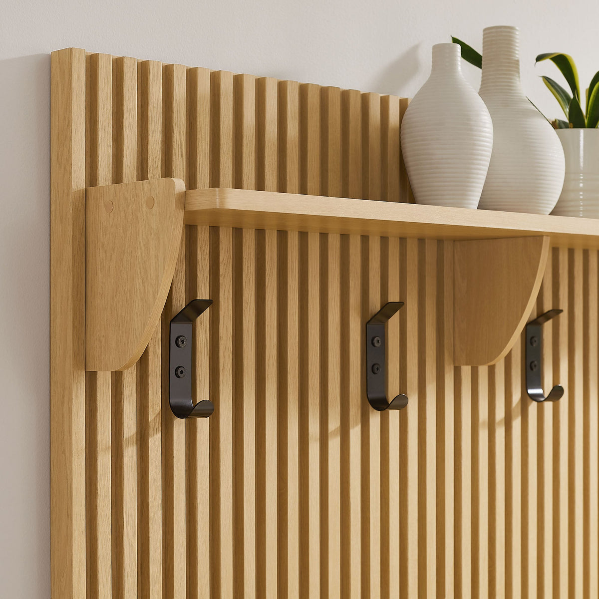Soma Fluted 3-in-1 hall tree with storage bench and coat hooks in natural wood slat backer on Tampa Home & Garden Store