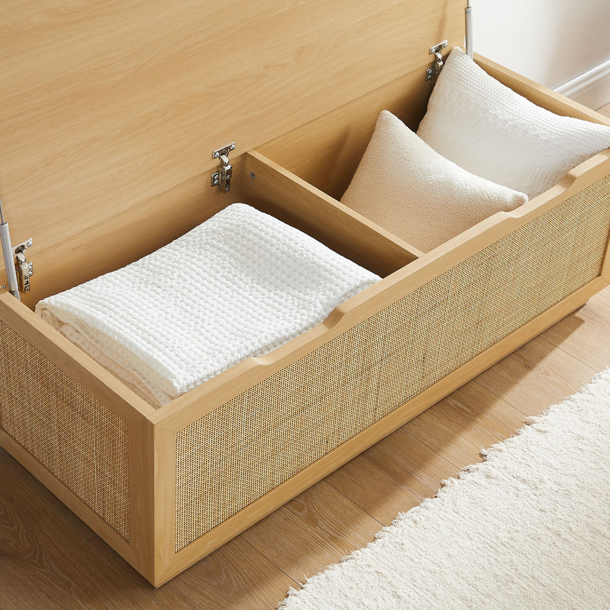 Soma Fluted 3-in-1 hall tree bench with cane panels and cushions in light oak on Tampa Home & Garden Store