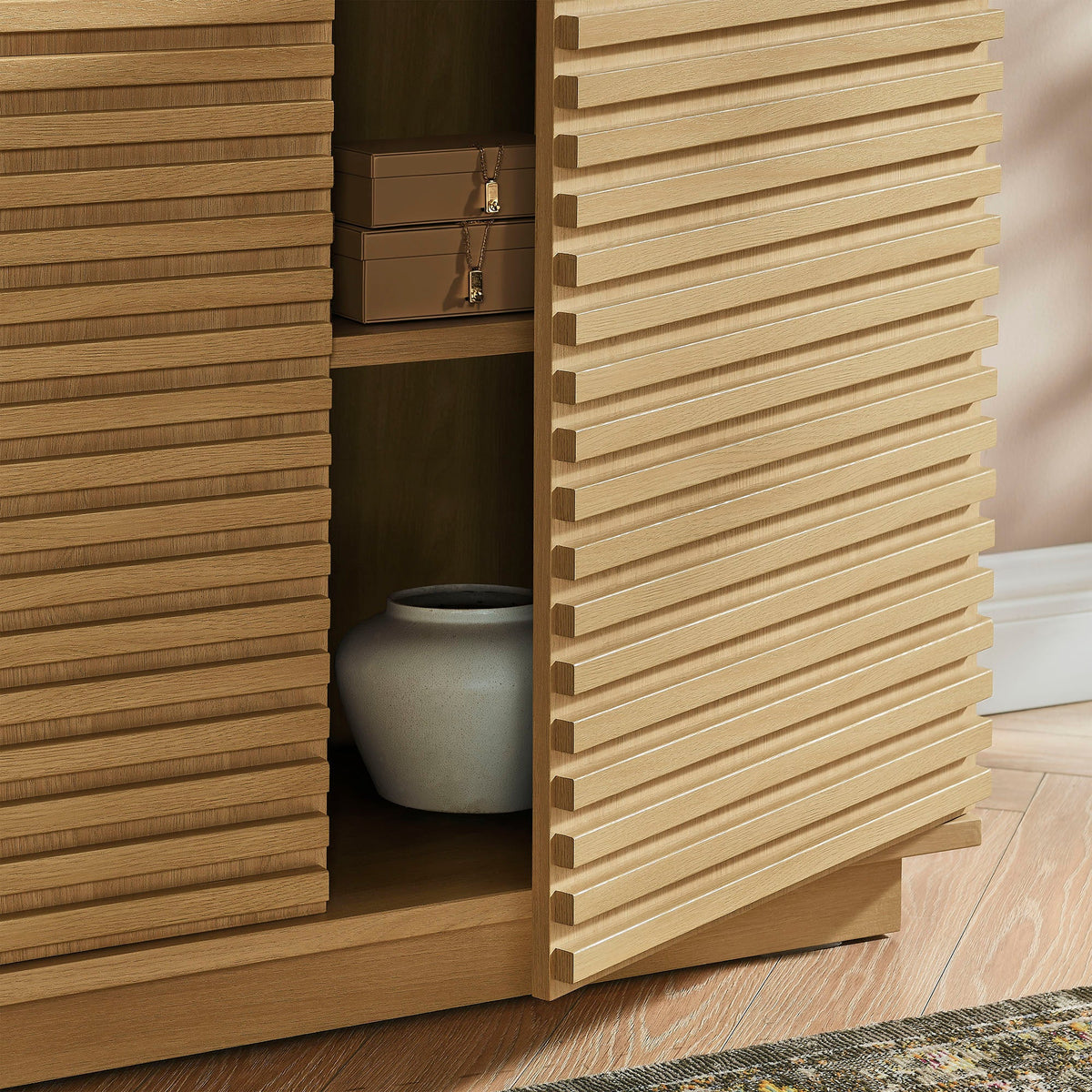 Render 2-Door Fluted Wood Accent Cabinet natural finish with open interior and two jewelry boxes on Tampa Home & Garden Store