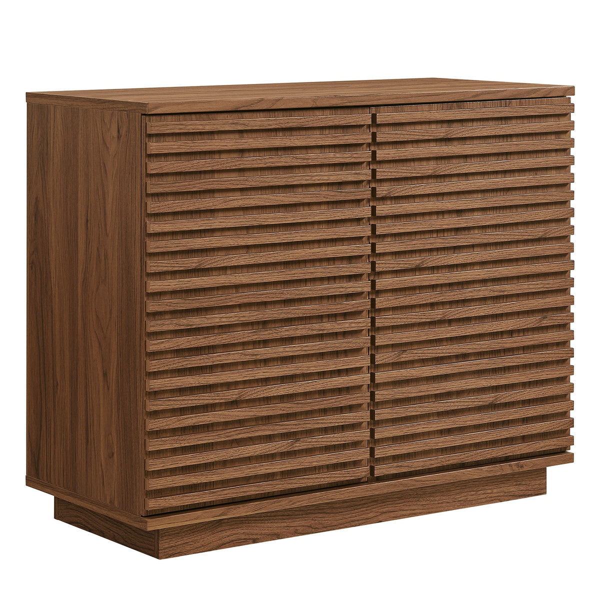 Render 2-Door Fluted Accent Cabinet with horizontal slatted front in walnut brown finish on Tampa Home & Garden Store