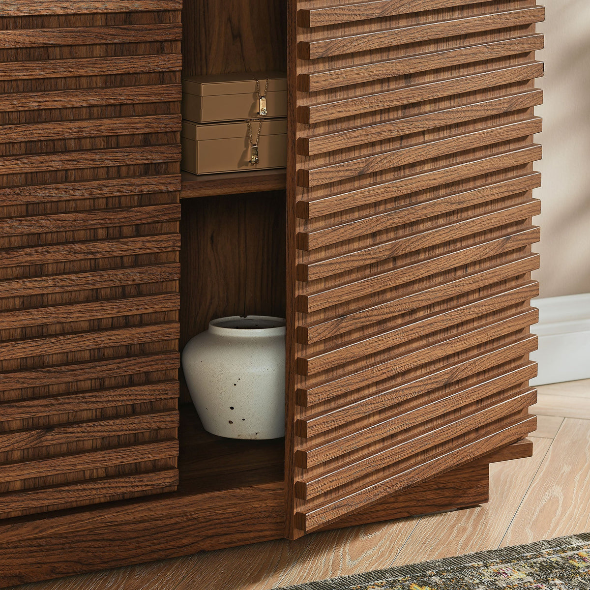 Render 2-Door Fluted Accent Cabinet by Modway wood slat exterior with beige storage boxes inside on Tampa Home & Garden Store
