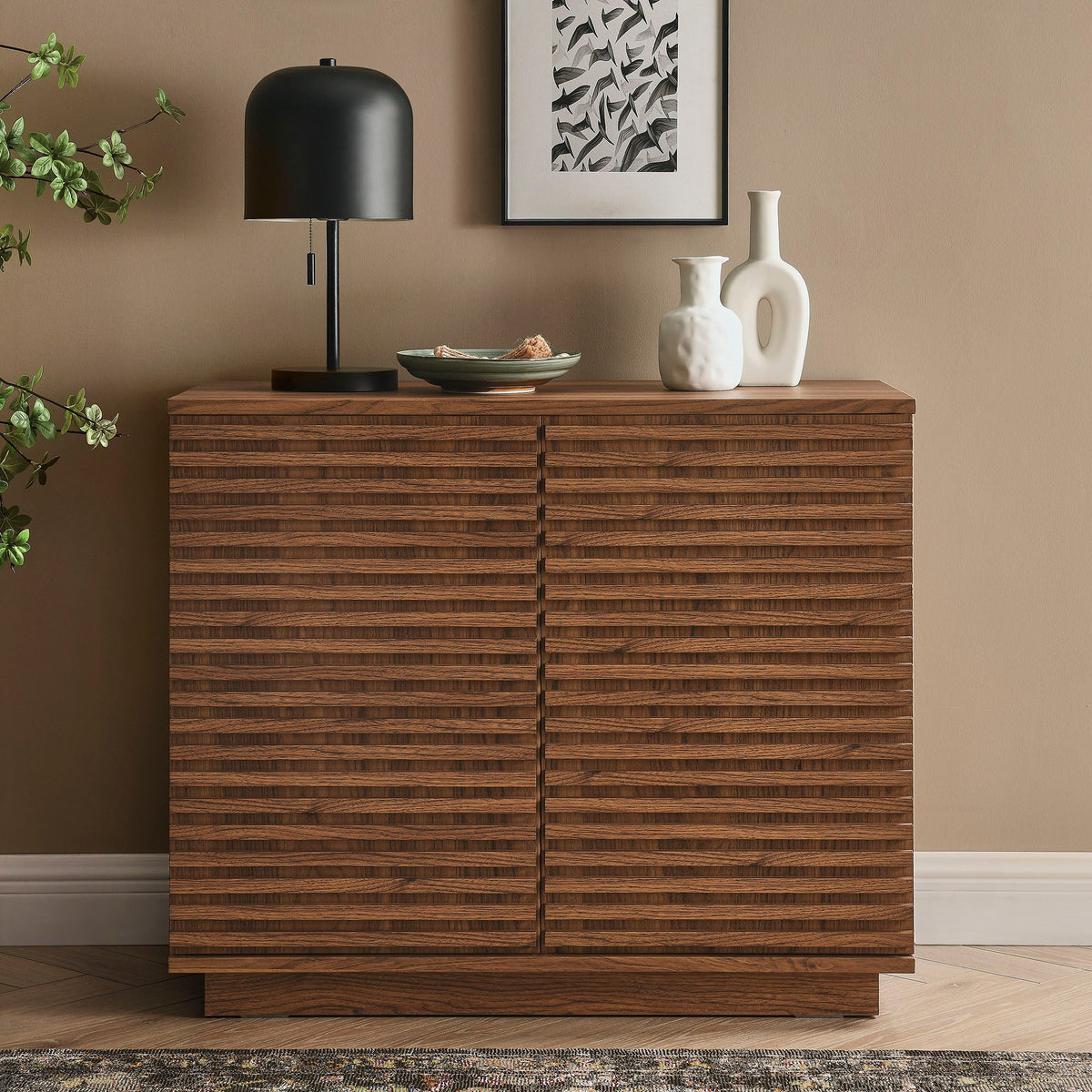 Render 2-Door Fluted Accent Cabinet by Modway, warm walnut grooved wood on Tampa Home & Garden Store