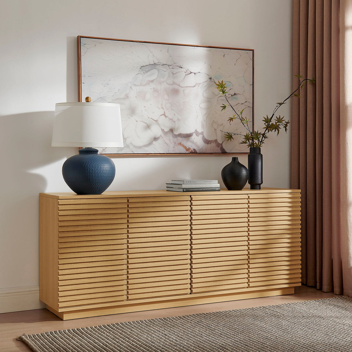 Render 4-Door Fluted Sideboard TV Stand by Modway in light oak with horizontal slats on Tampa Home & Garden Store