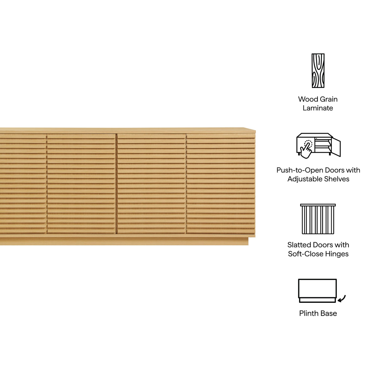 Render 4-Door Fluted Sideboard TV Stand by Modway in wood grain laminate with slatted fronts on Tampa Home & Garden Store