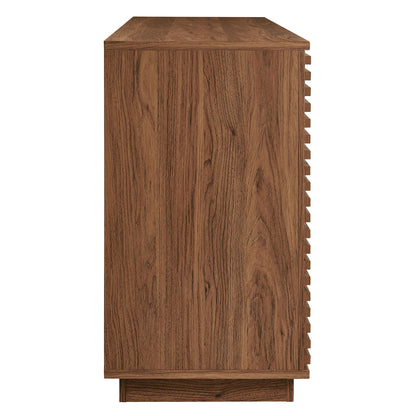 Render 4-Door Fluted Sideboard Cabinet TV Stand in warm walnut wood with vertical grain on Tampa Home & Garden Store