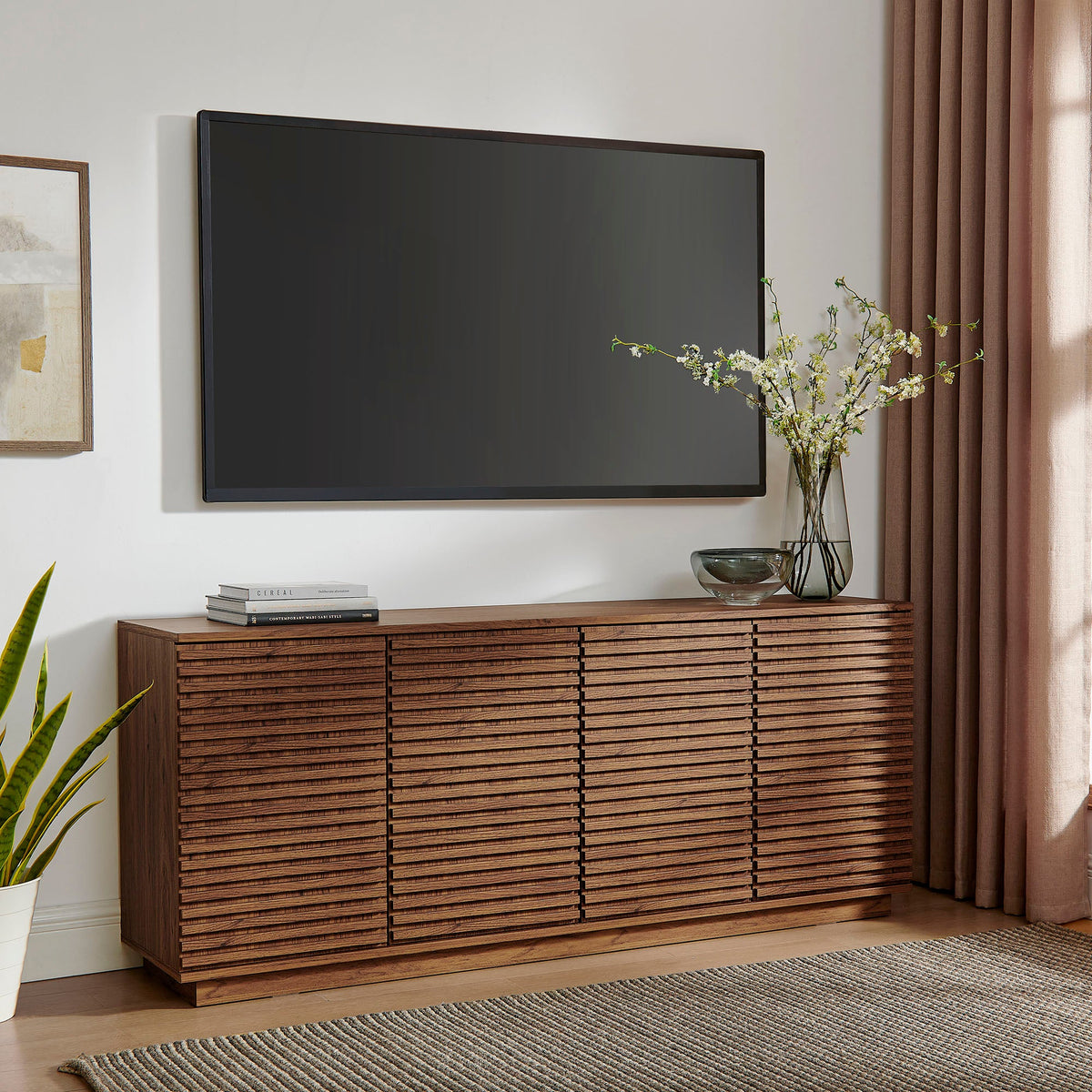 4-door fluted wood sideboard TV stand by Modway in walnut finish with slatted doors on Tampa Home & Garden Store