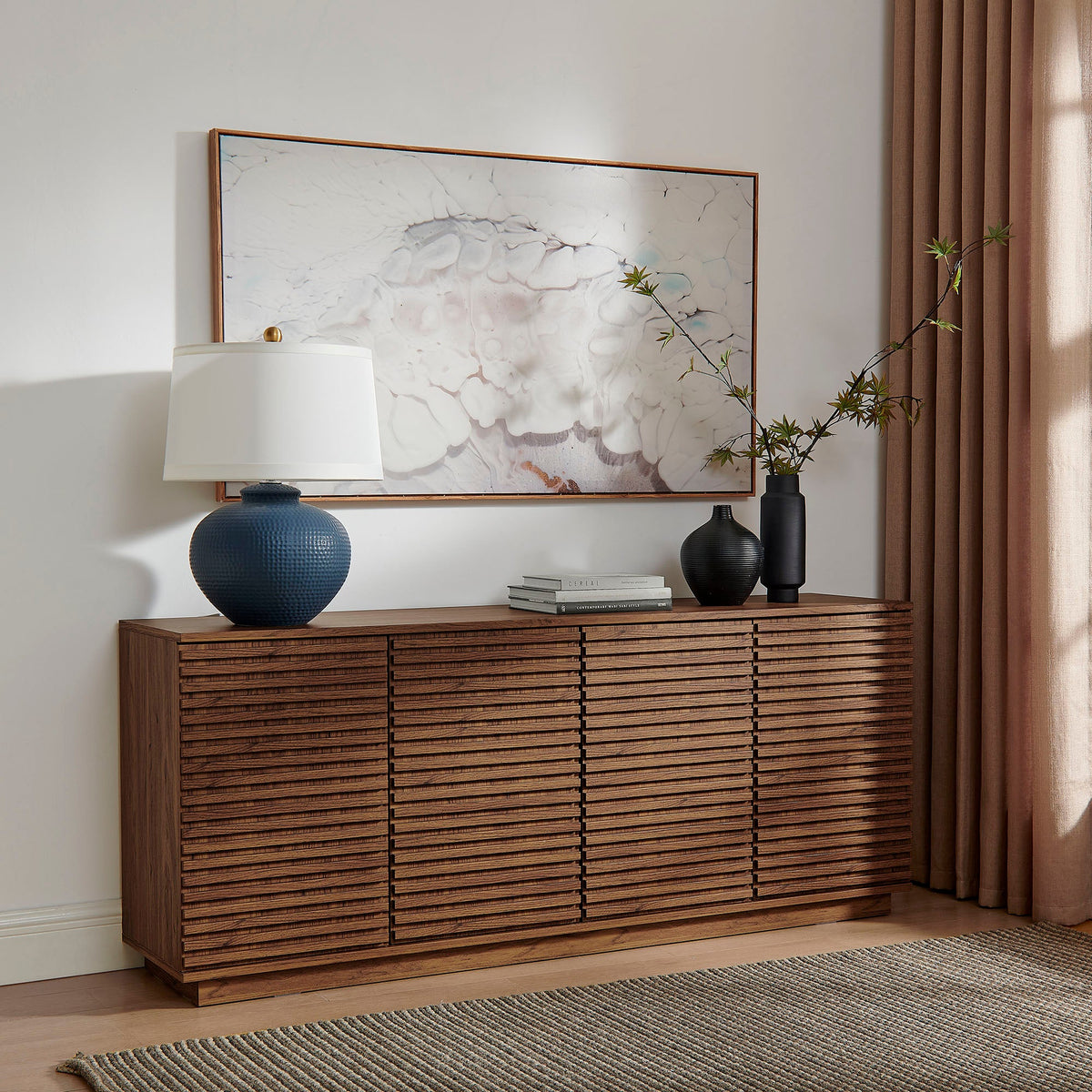 Render 4-Door Fluted Sideboard TV Stand by Modway in walnut with slatted fronts on Tampa Home & Garden Store