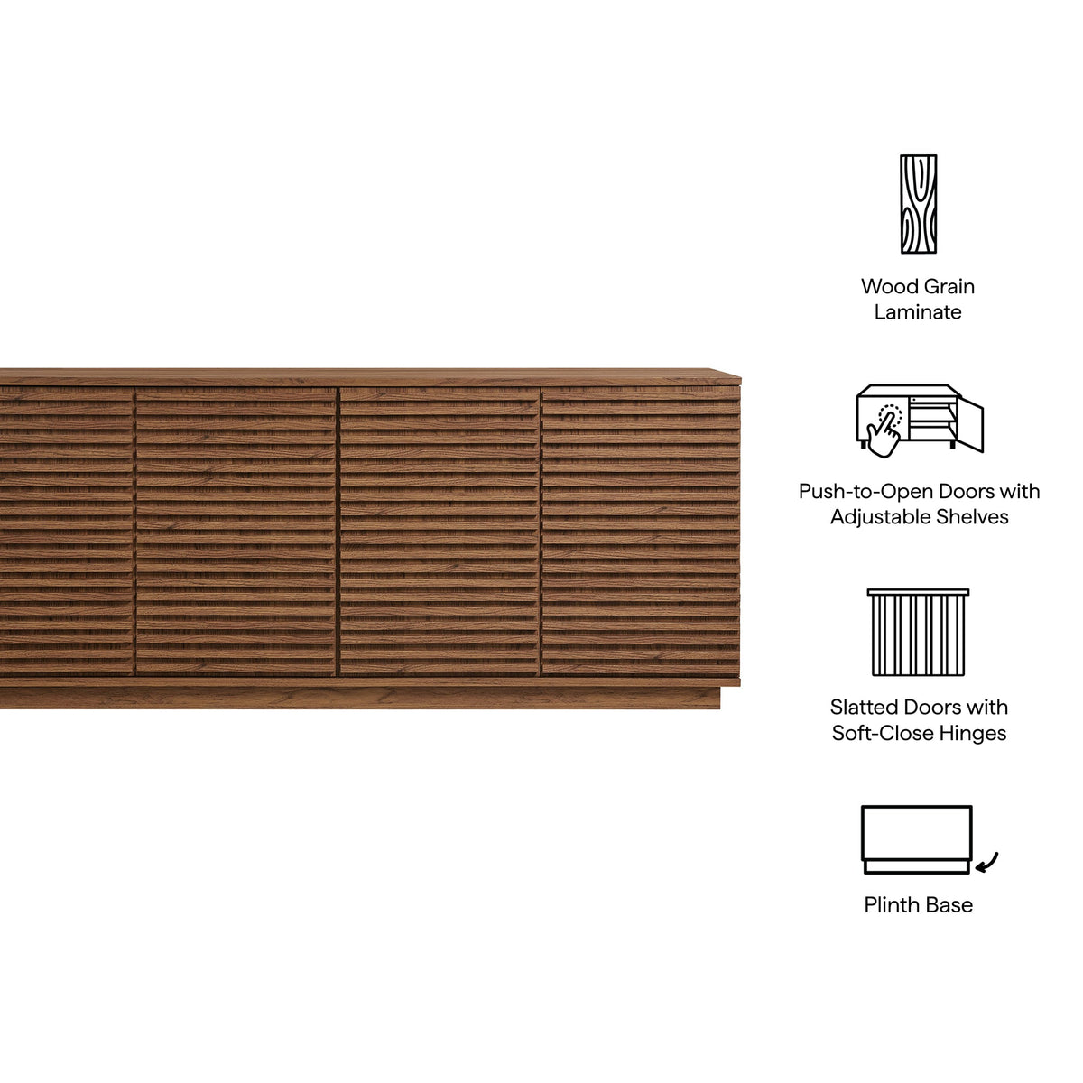 Render 4-Door Fluted Sideboard TV Stand in wood laminate with slatted doors by Modway on Tampa Home & Garden Store