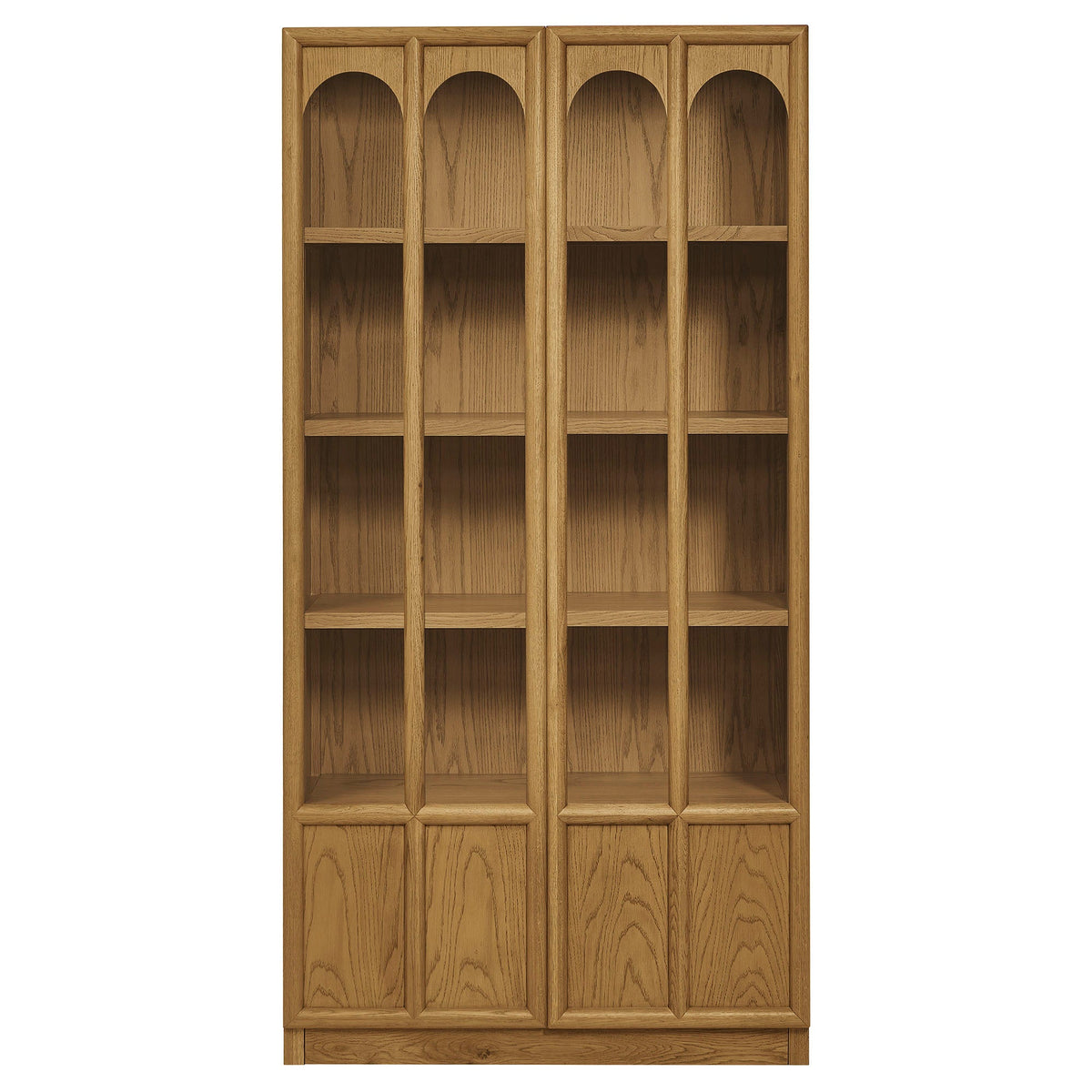 Anwen solid wood display cabinet in natural oak with four arched niches and open shelving on Tampa Home & Garden Store