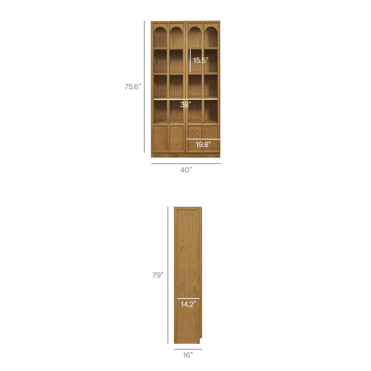 Anwen solid wood and glass display cabinet by Modway, oak finish with arch-topped glass bays on Tampa Home & Garden Store